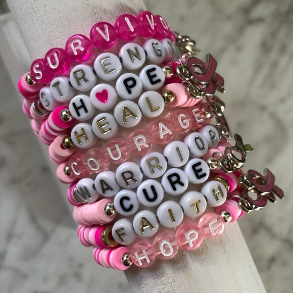 Breast Cancer Awareness Heishi Charm Bracelet | Breast Cancer Awareness Gift - Picture 1 of 12